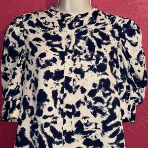 Express Short Puff Sleeve Button Down Blue And Cream Blouse Top S